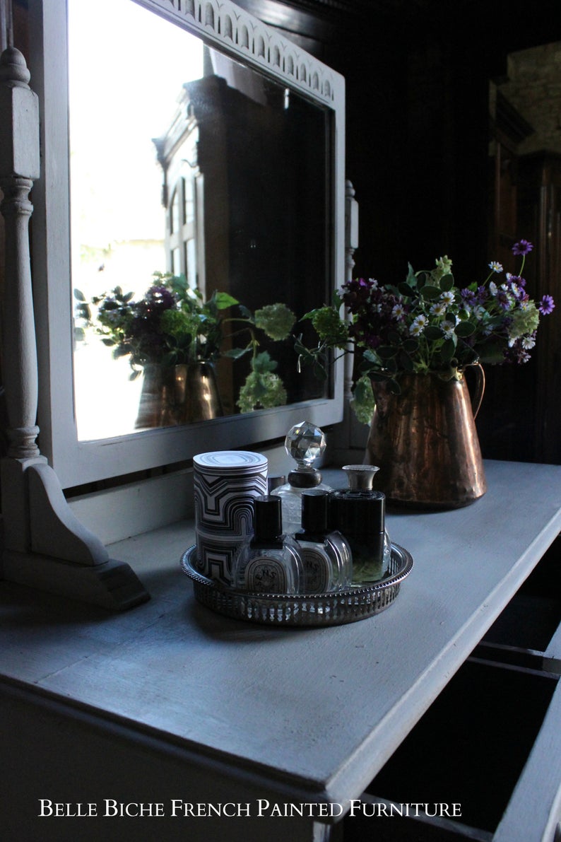 Antique Gustavian Grey Dressing Table & Matching Upholstered Chair