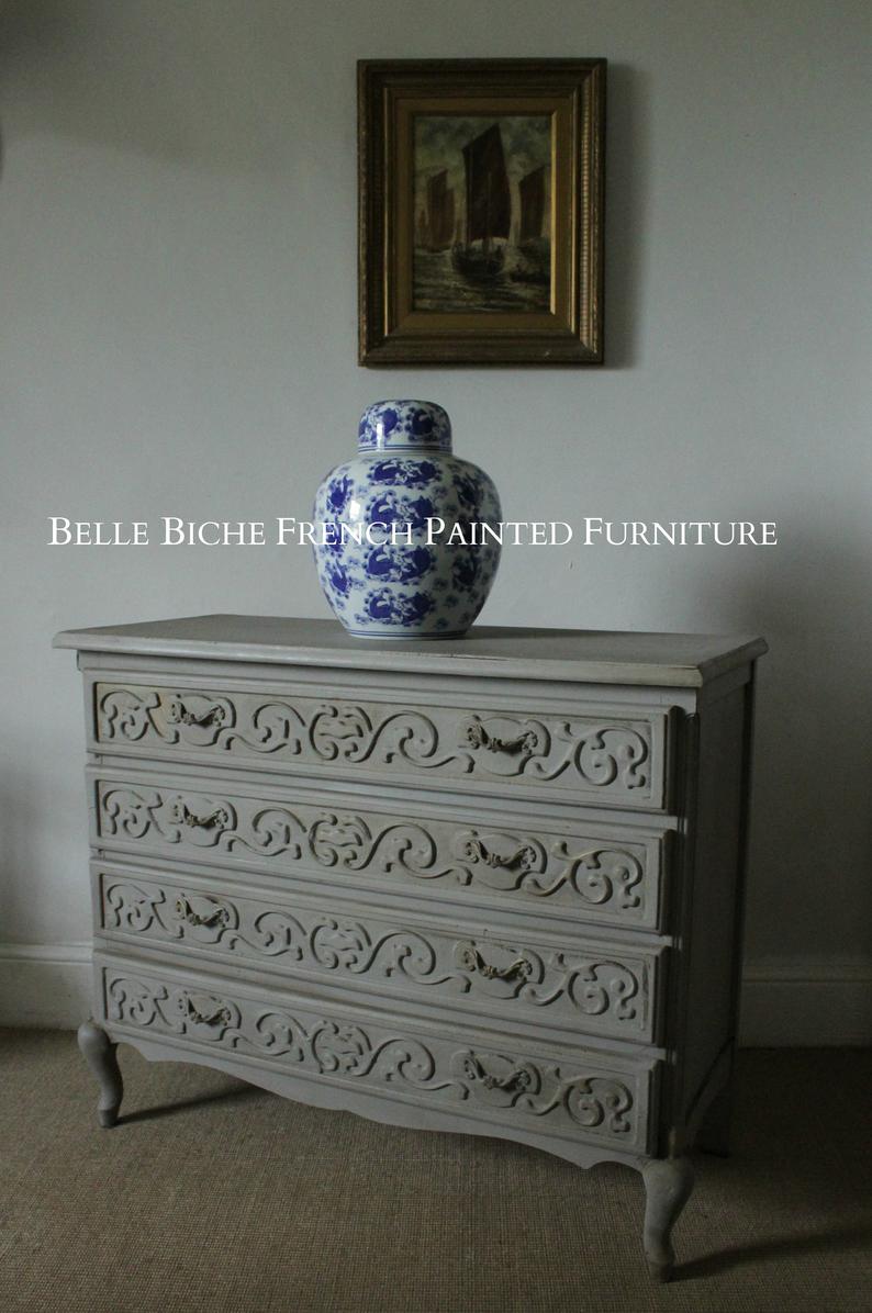 Richly Carved Original French Provincial Four Drawer Chest Commode
