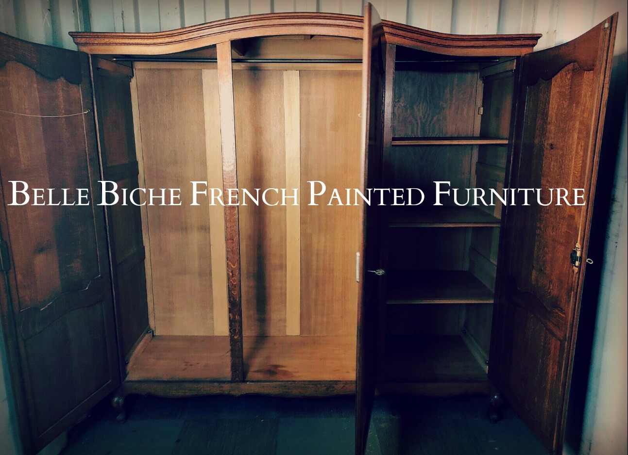 Original Mid Century French Knock Down Triple Oak Armoire