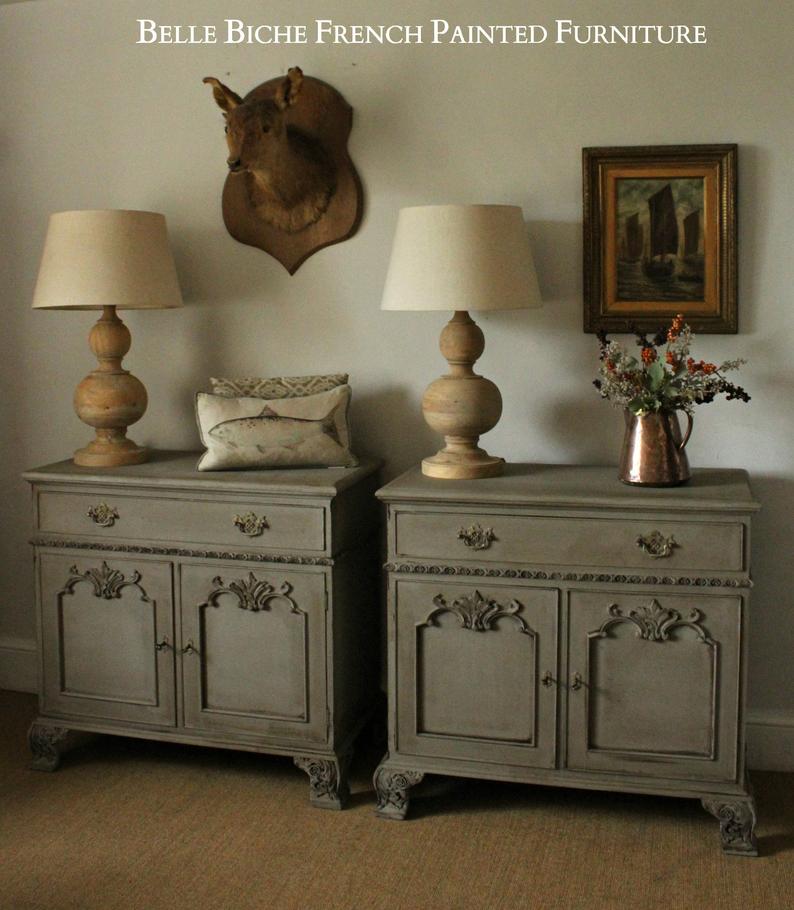 Hugely Handsome Pair 'French Ash Grey' Side Cabinets