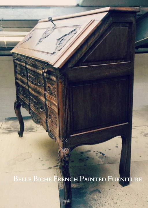 Richly Carved Original 1930’s French Oak Drop Leaf Bureau