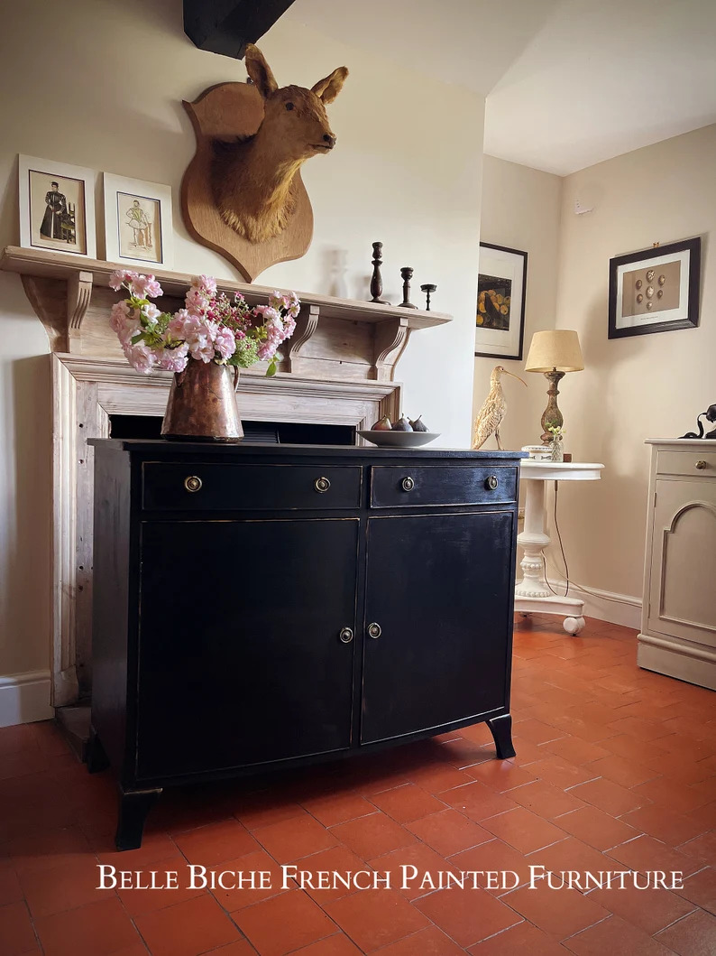 Elegant George III Style Parisian Noir Two Door Bow Fronted Sideboard Side Cabinet